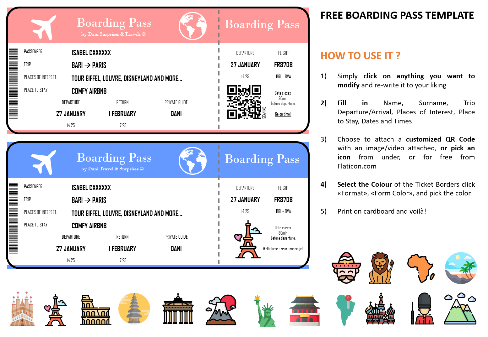 Pink plane ticket Personalised Boarding Pass Boarding Card Surprise Trip 