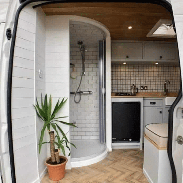 round shower DIY camper van with bathroom