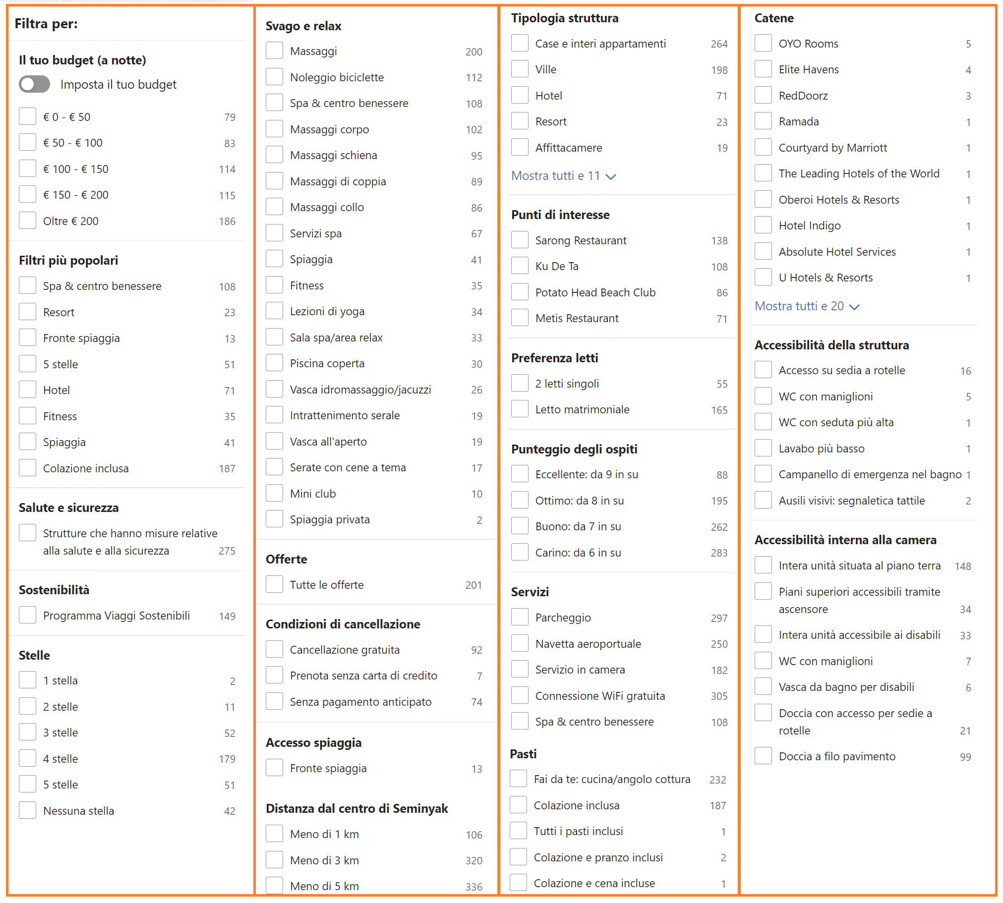 come utilizzare tutti i filtri di booking