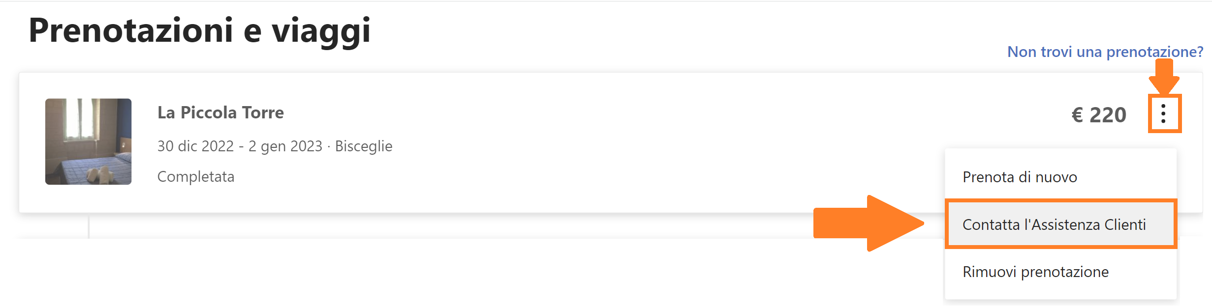 come contattare assistenza booking - modificare prenotazioni - esempio