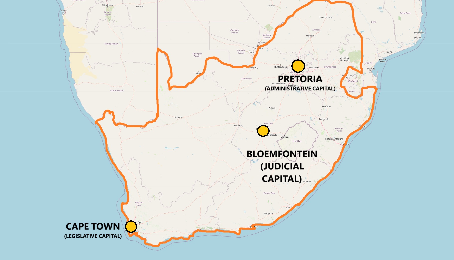 The Three Capital Cities of South Africa on a Map - Cape Town Legislative - Bloemfontein Judicial - Preotria Administrative